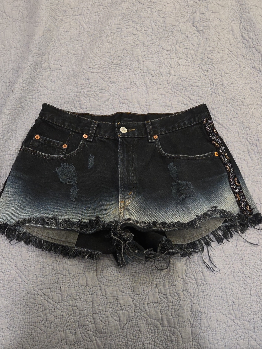 Furst Of A Kind+Levis Ombre Distressed Denim Shorts w/side Beading Size 30!